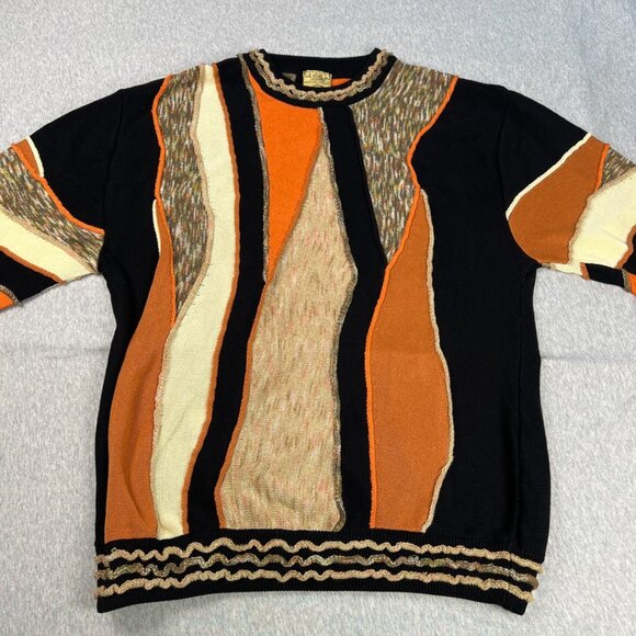 VTG Montechiaro Sweater Mens L Large 3D Knit Orange Textured Abstract Biggie 90s - Picture 2 of 11